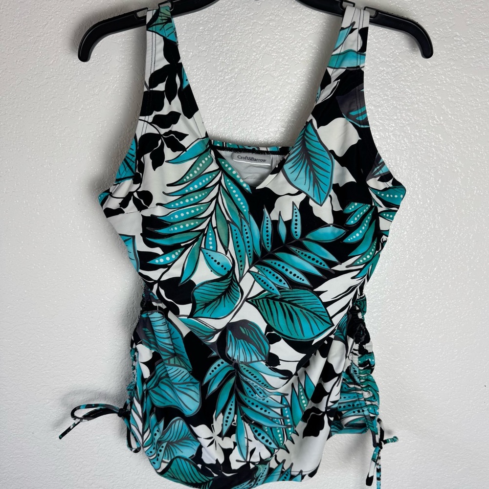 Croft & Barrow Teal and Black Tropical Leaf Print Swimsuit Top Ruching Size 16